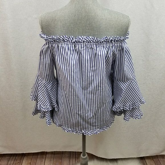 ECI Off Shoulder Bell Sleeve Striped Blouse NWOT - Picture 8 of 8